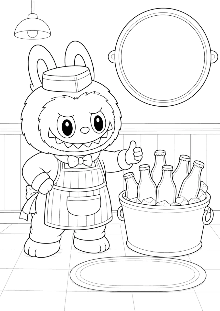 Labubu Standing Beside a Soda Ice Bucket