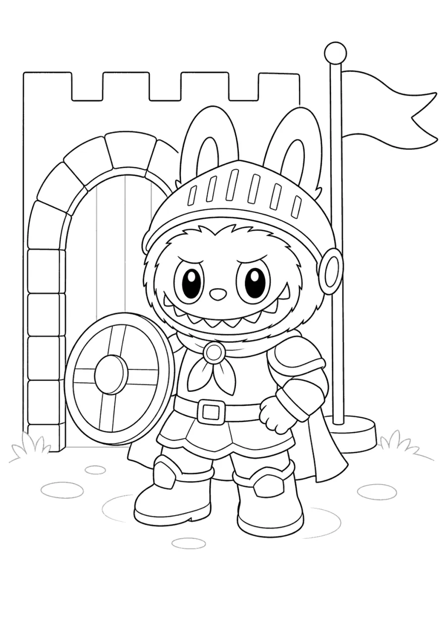 Labubu Tiny Knight at a Castle Door