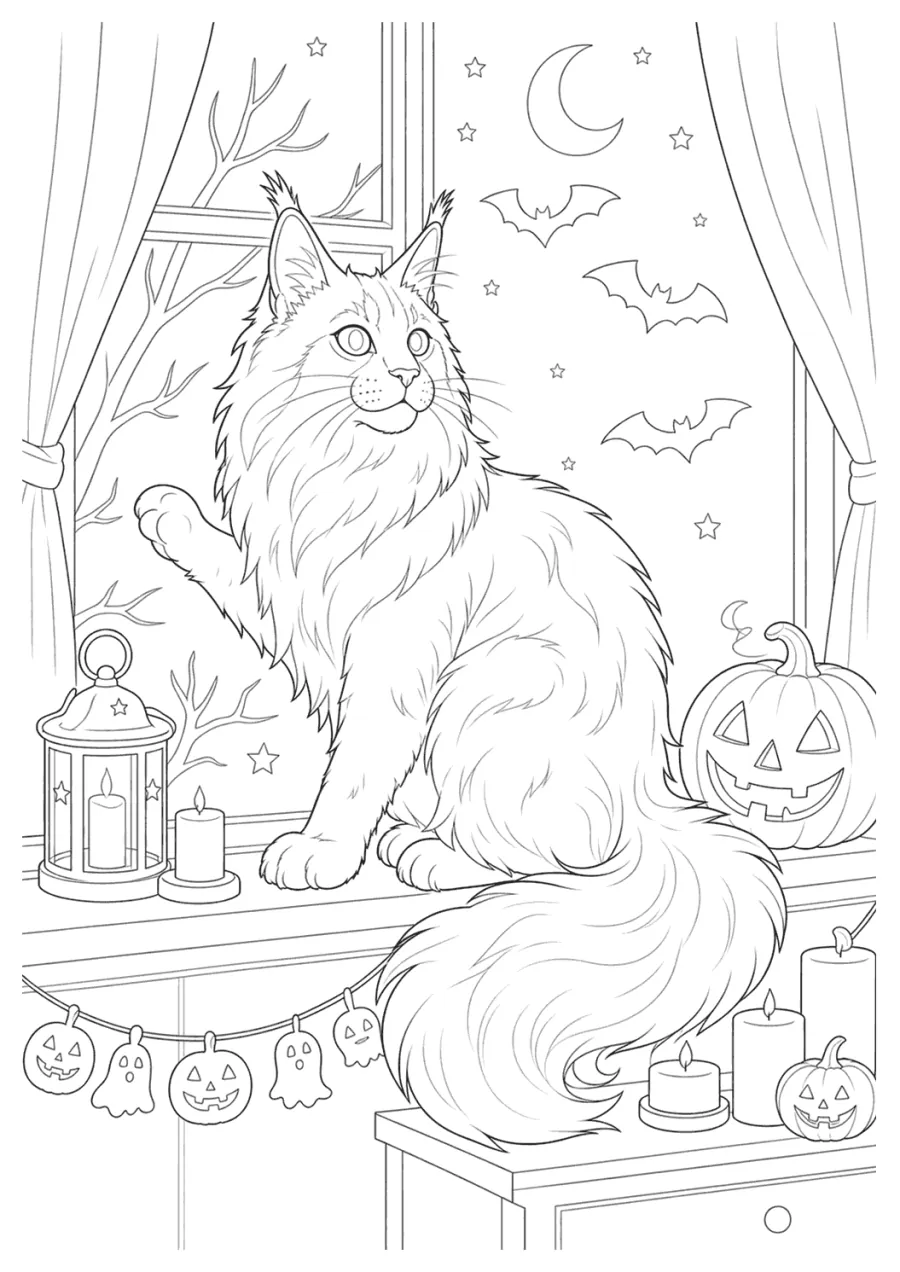 Long Haired Cat by a Window with Pumpkins