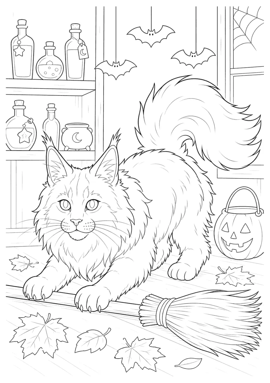 Long Haired Cat Crouching by a Broom