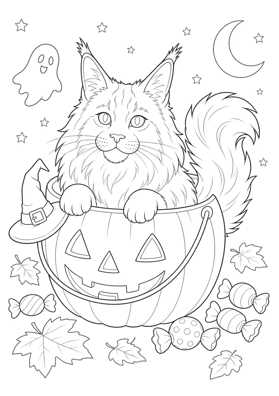 Long Haired Cat in a Jack O Lantern Bucket