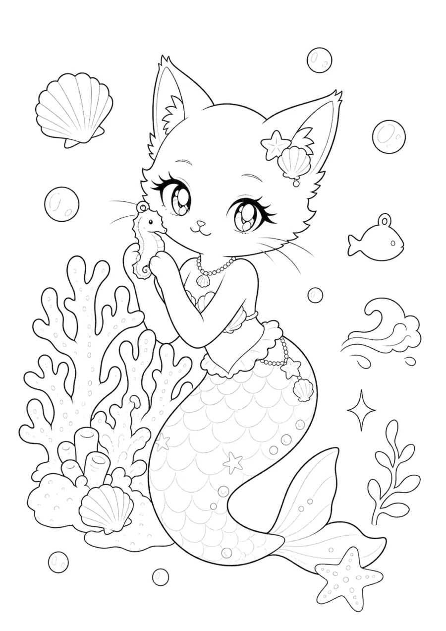 Mermaid Cat Blowing a Conch Shell