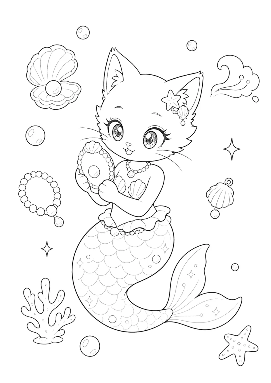 Mermaid Cat Holding a Pearl Necklace