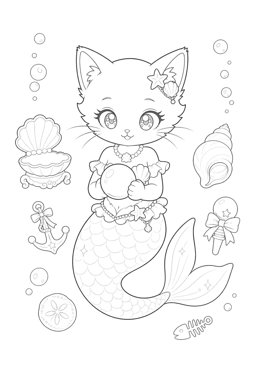 Mermaid Cat Holding a Pearl Shell