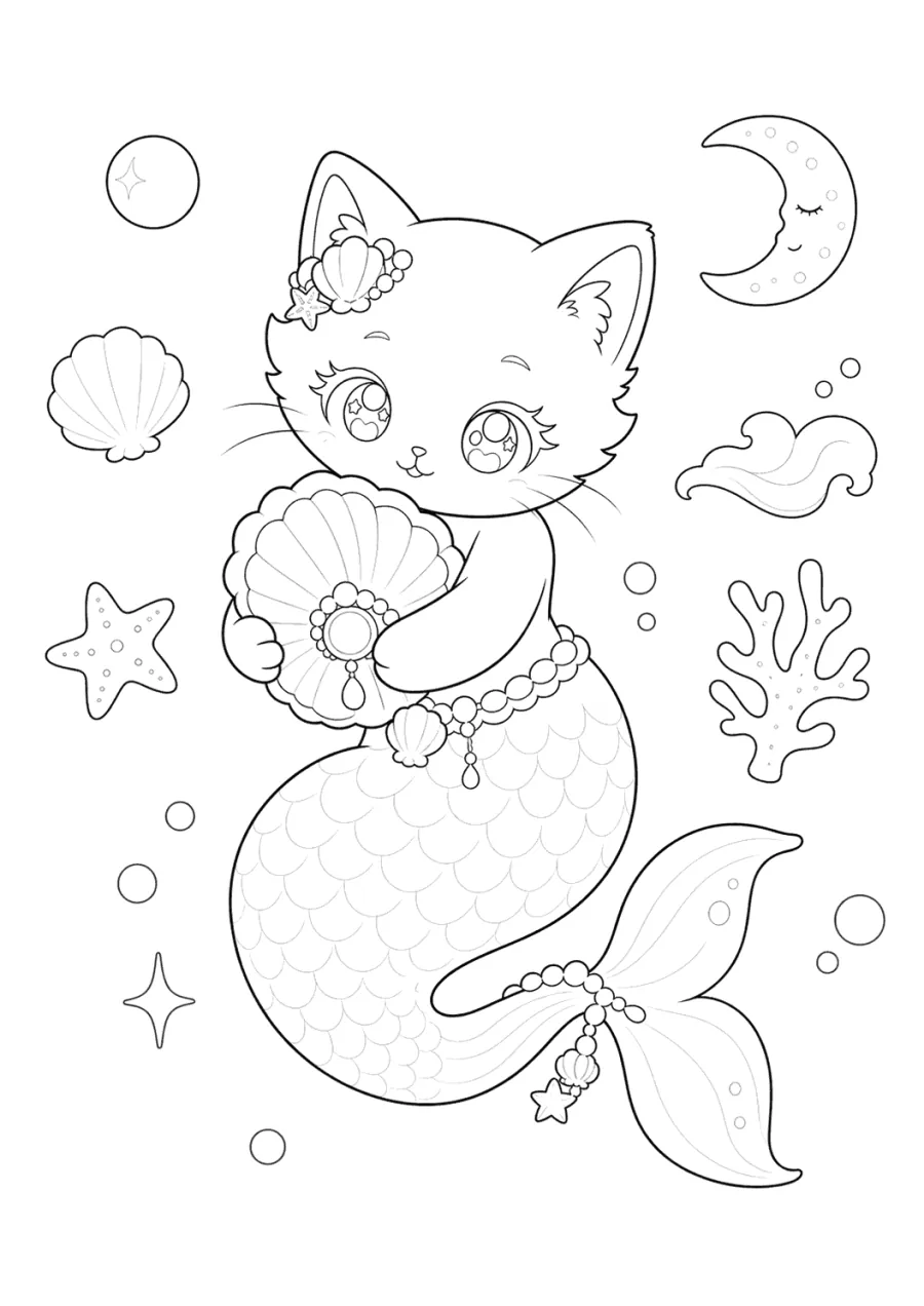 Mermaid Cat Holding a Seashell