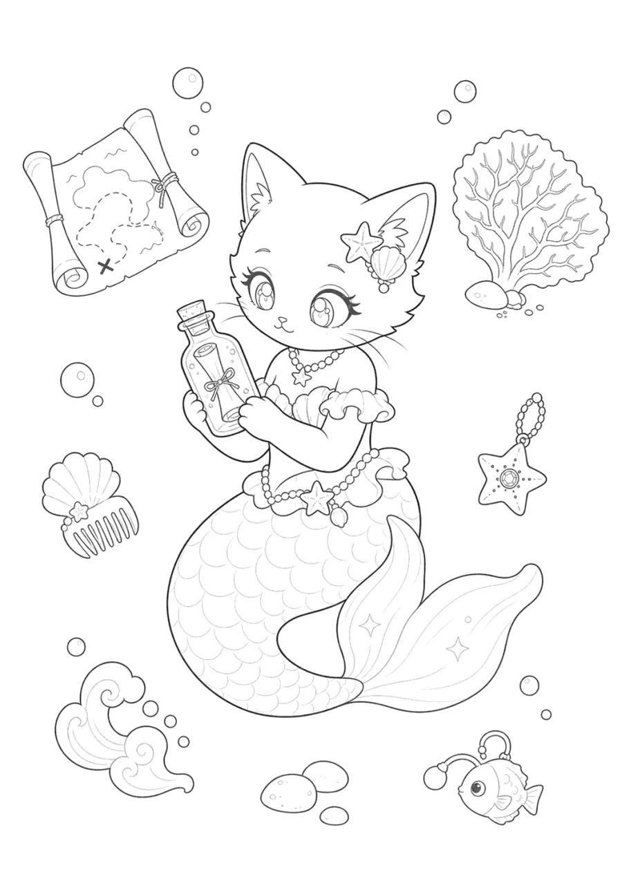 Mermaid Cat Reading an Ocean Map