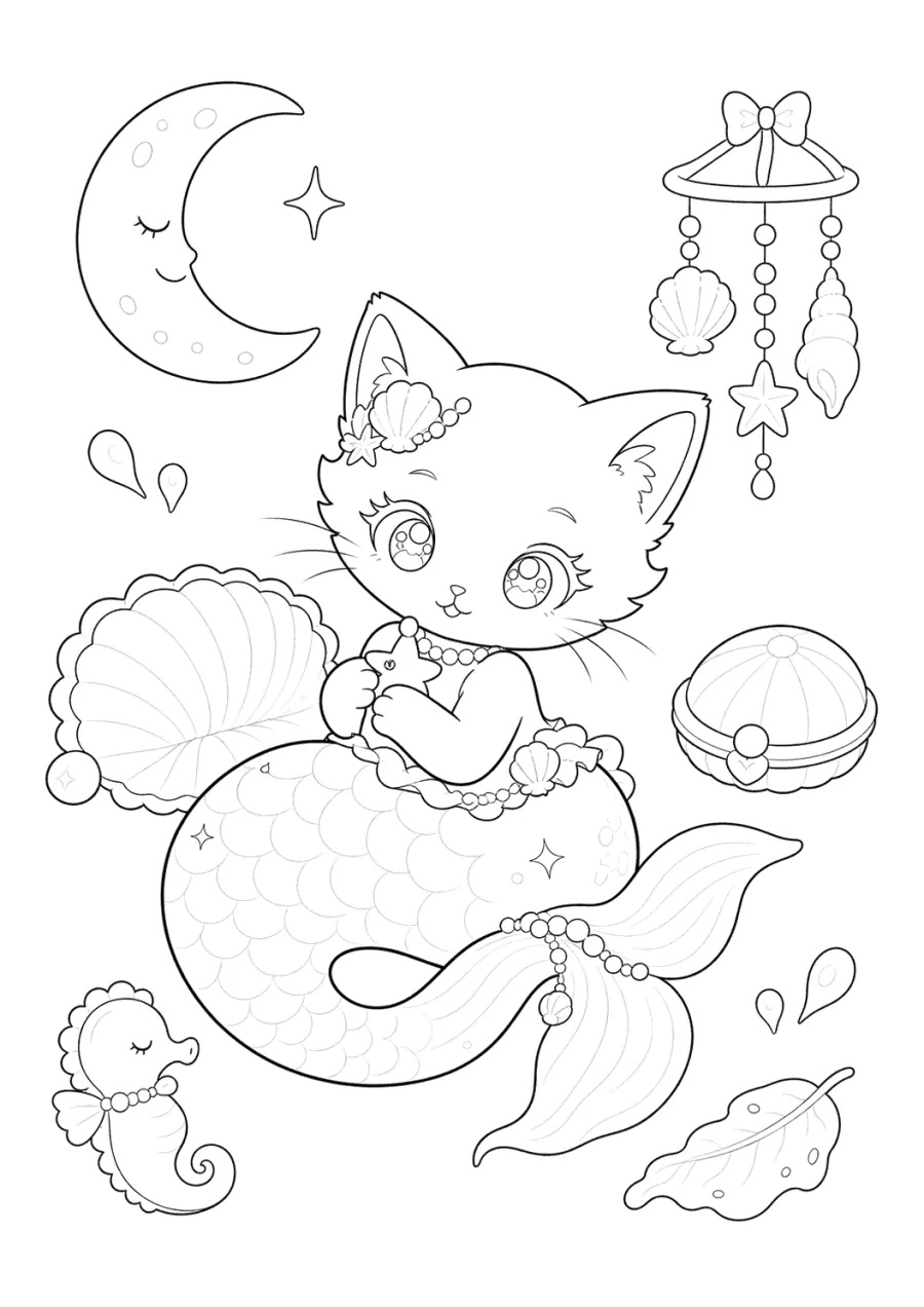 Mermaid Cat Sitting under a Shell Mobile