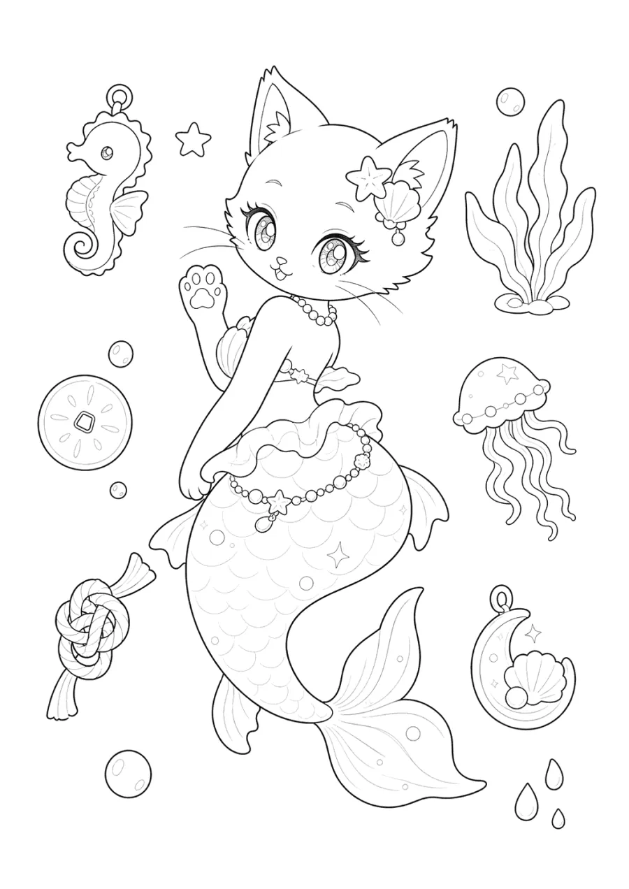 Mermaid Cat Waving to a Seahorse