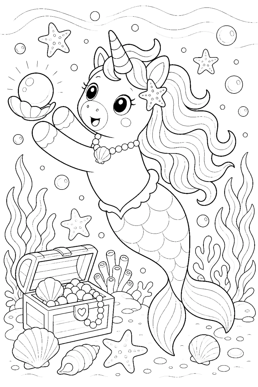 Mermaid Unicorn Swimming Above a Treasure Chest