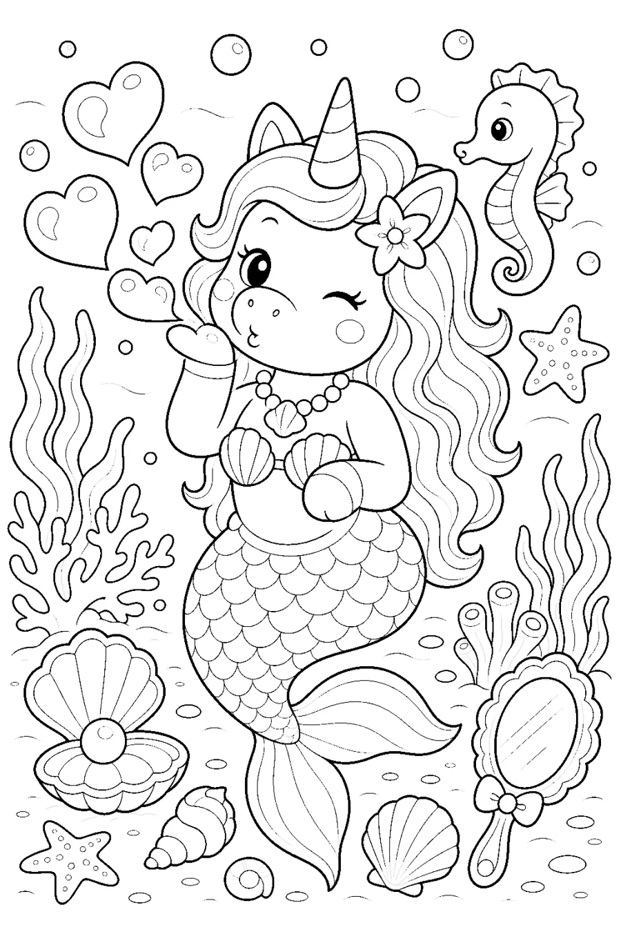 Mermaid Unicorn with Seahorse and Mirror