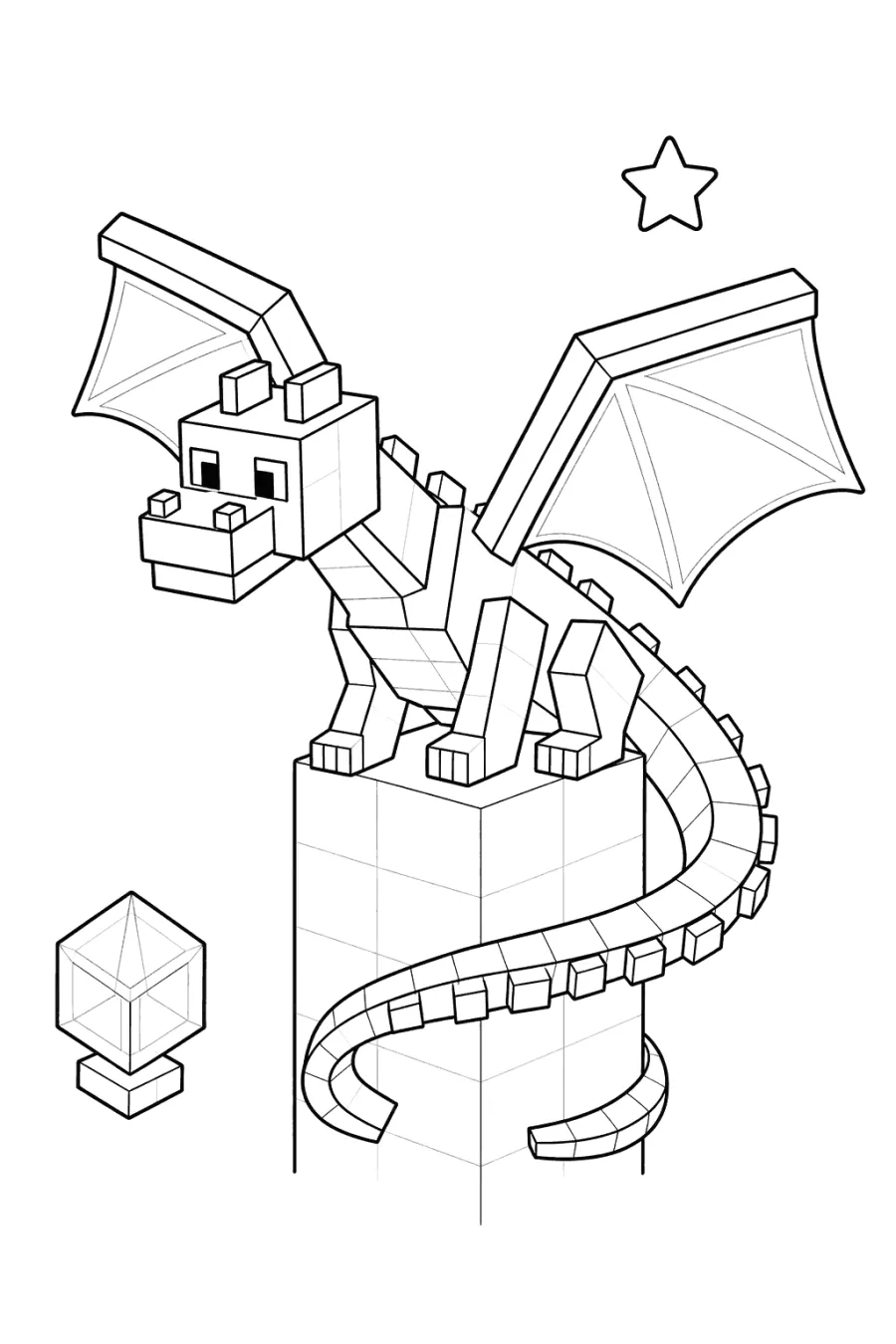 Minecraft Blocky Dragon Perched by a Star and Crystal