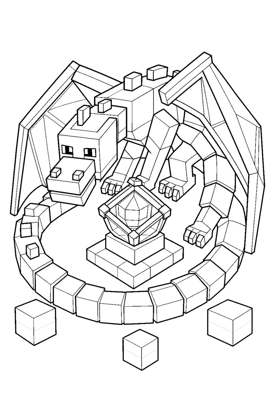 Minecraft Blocky Ender Dragon Guarding a Crystal