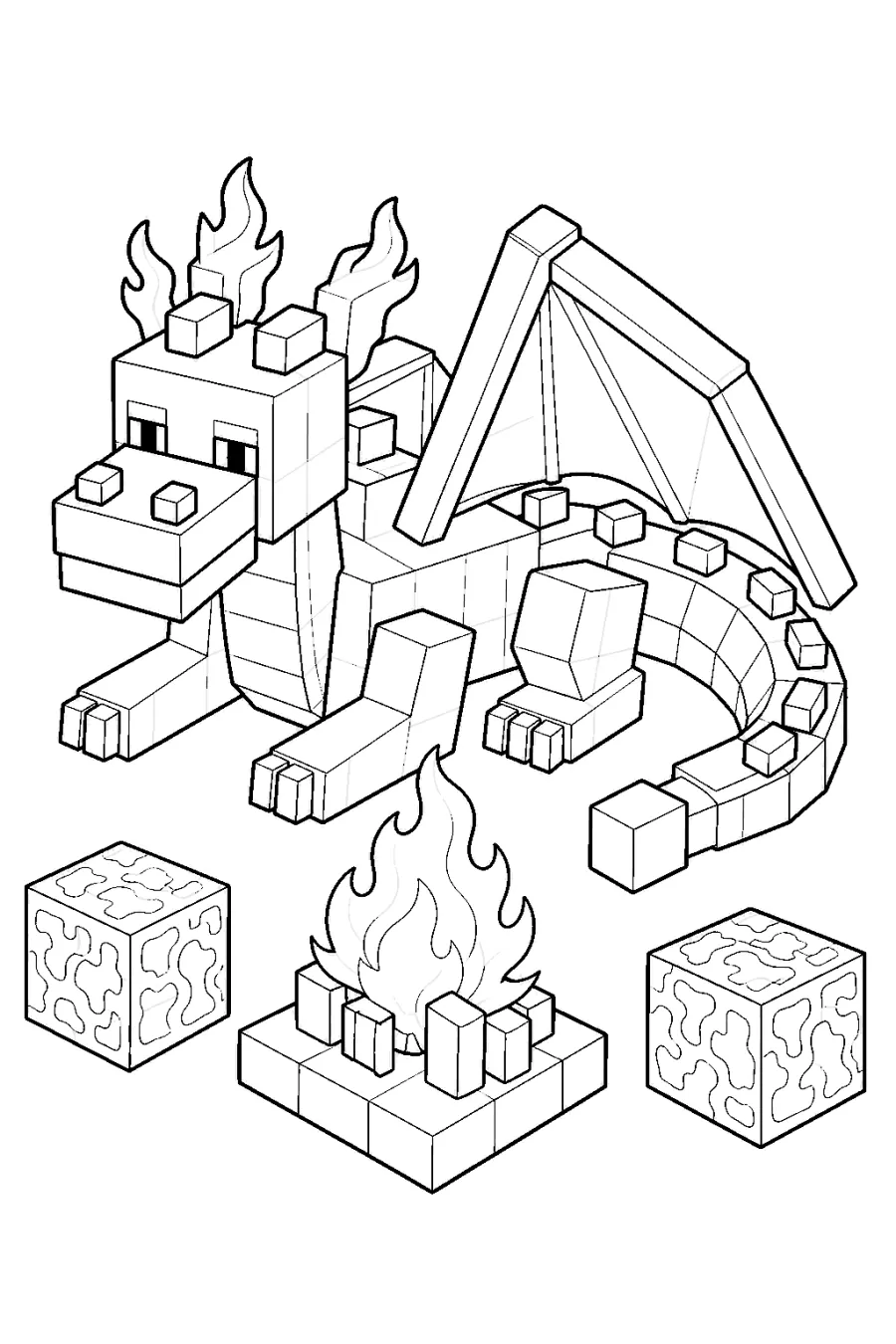 Minecraft Blocky Fire Dragon Beside Campfire Blocks
