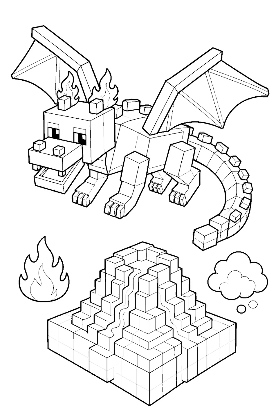 Minecraft Blocky Fire Dragon by a Pyramid Flame
