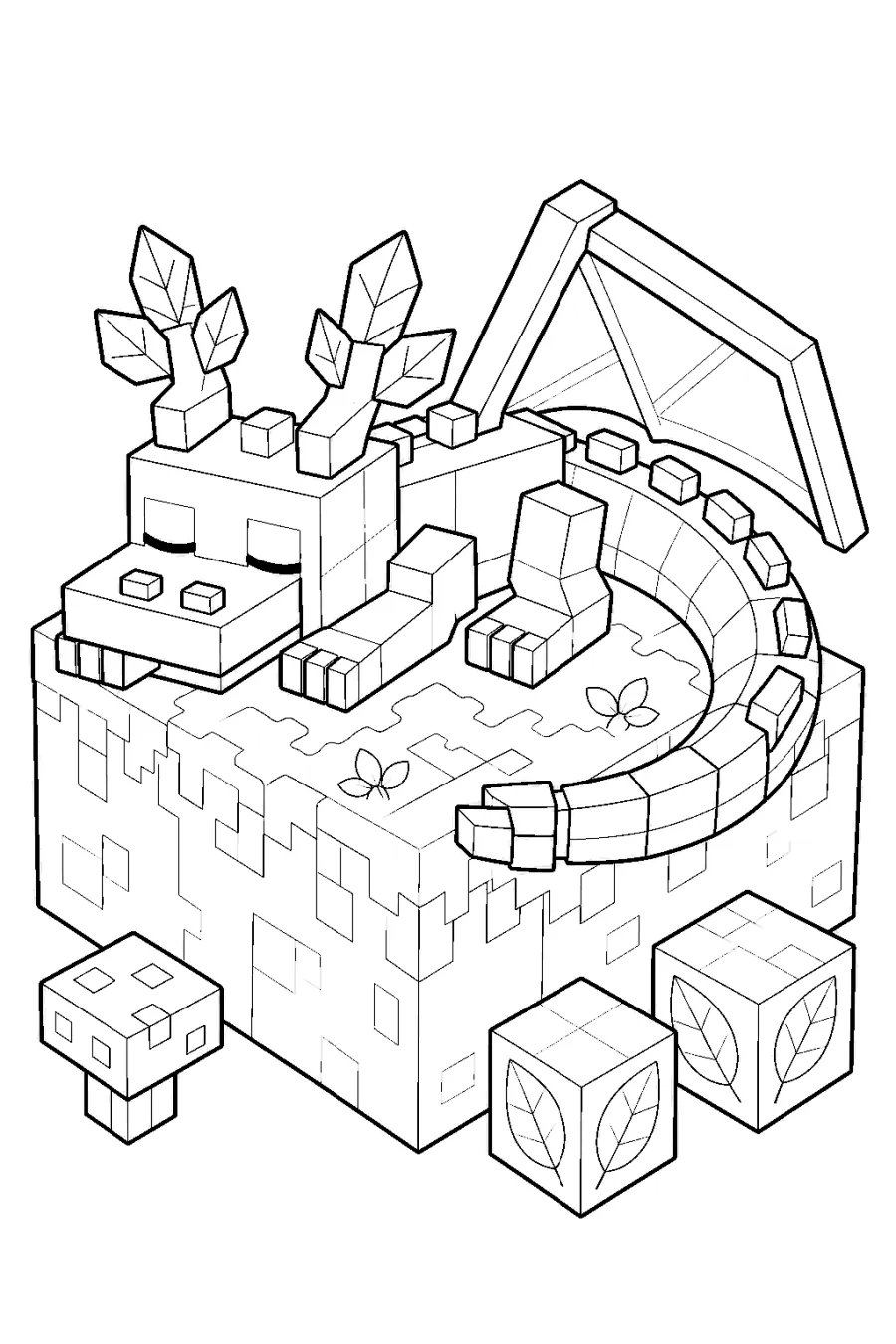 Minecraft Blocky Forest Dragon on a Grassy Cliff