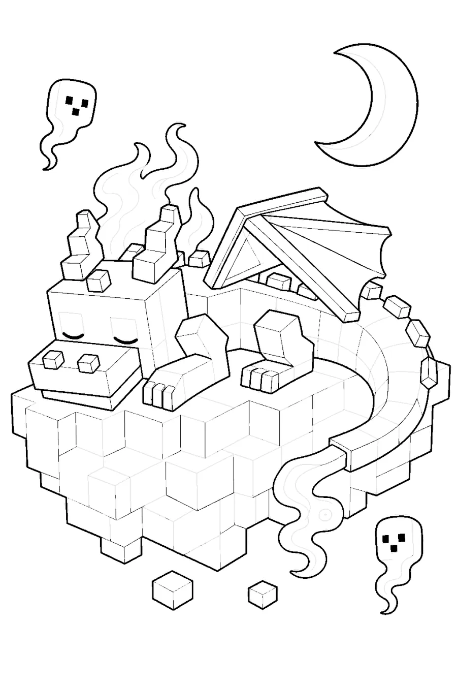 Minecraft Blocky Ghost Dragon Under the Moon