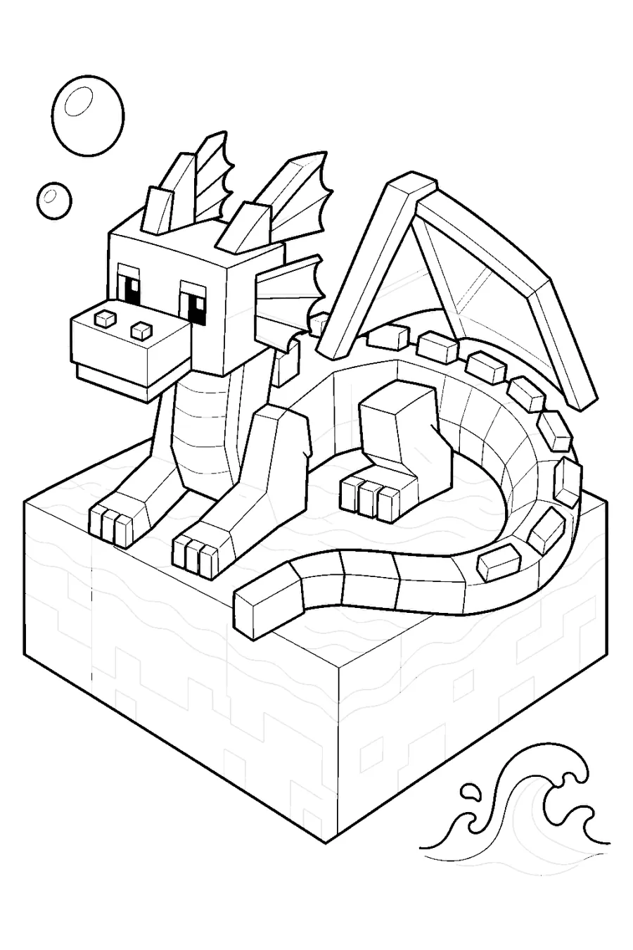 Minecraft Blocky Water Dragon by a Waterfall