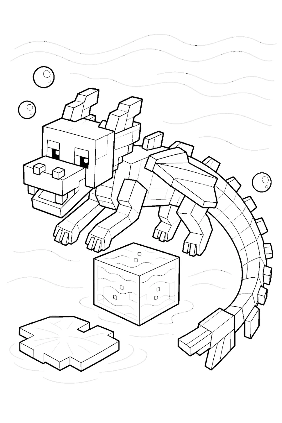Minecraft Blocky Water Dragon Near a Lily Pad