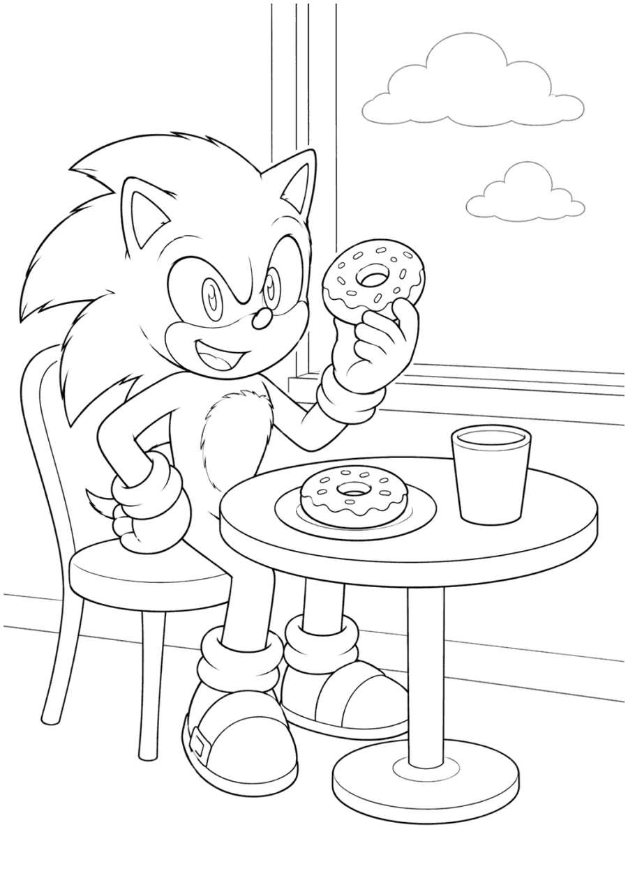 Movie Sonic Eating Donuts at a Table
