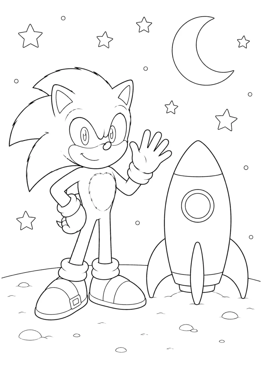 Movie Sonic Waving Beside a Rocket