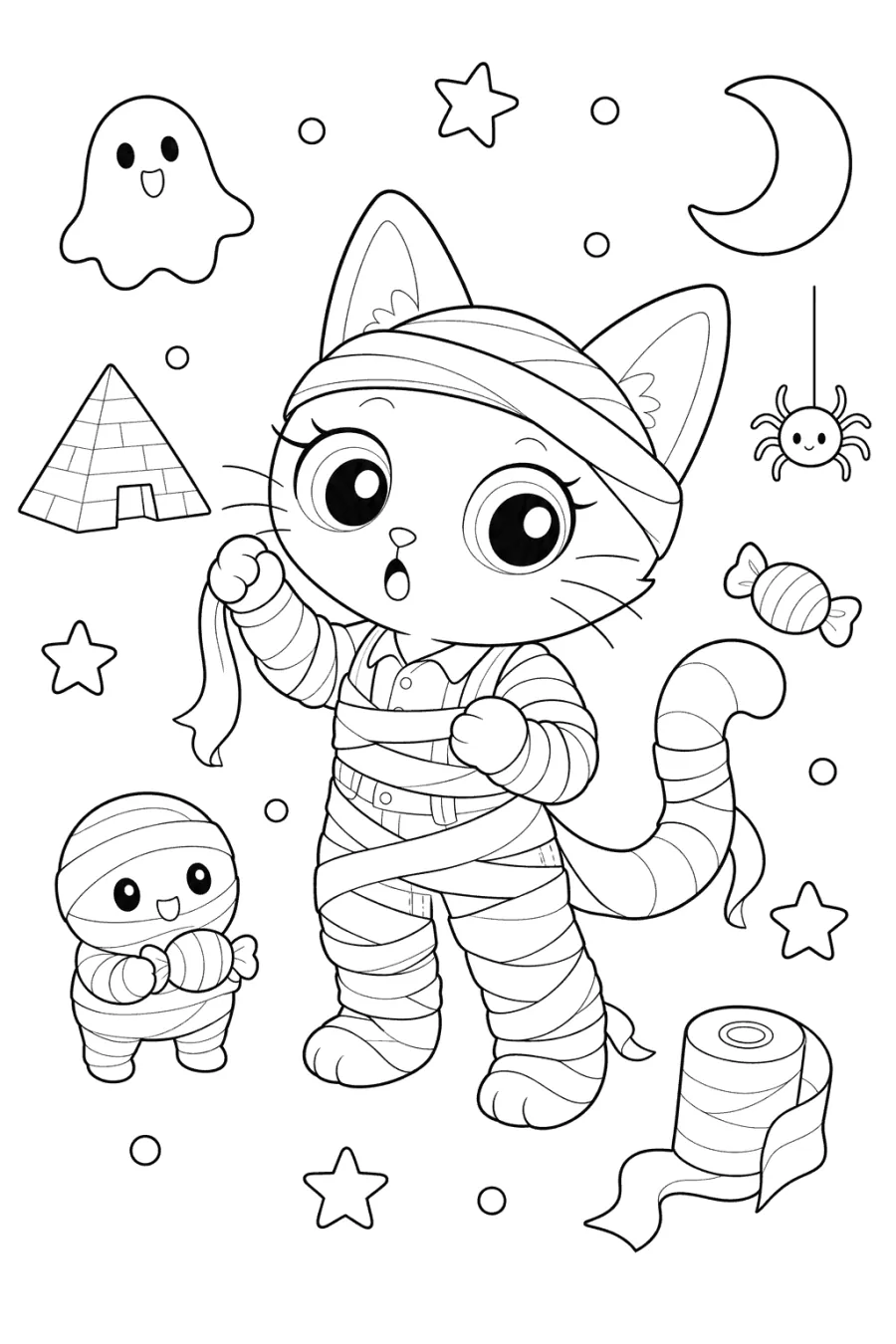 Mummy Cat with Halloween Candy