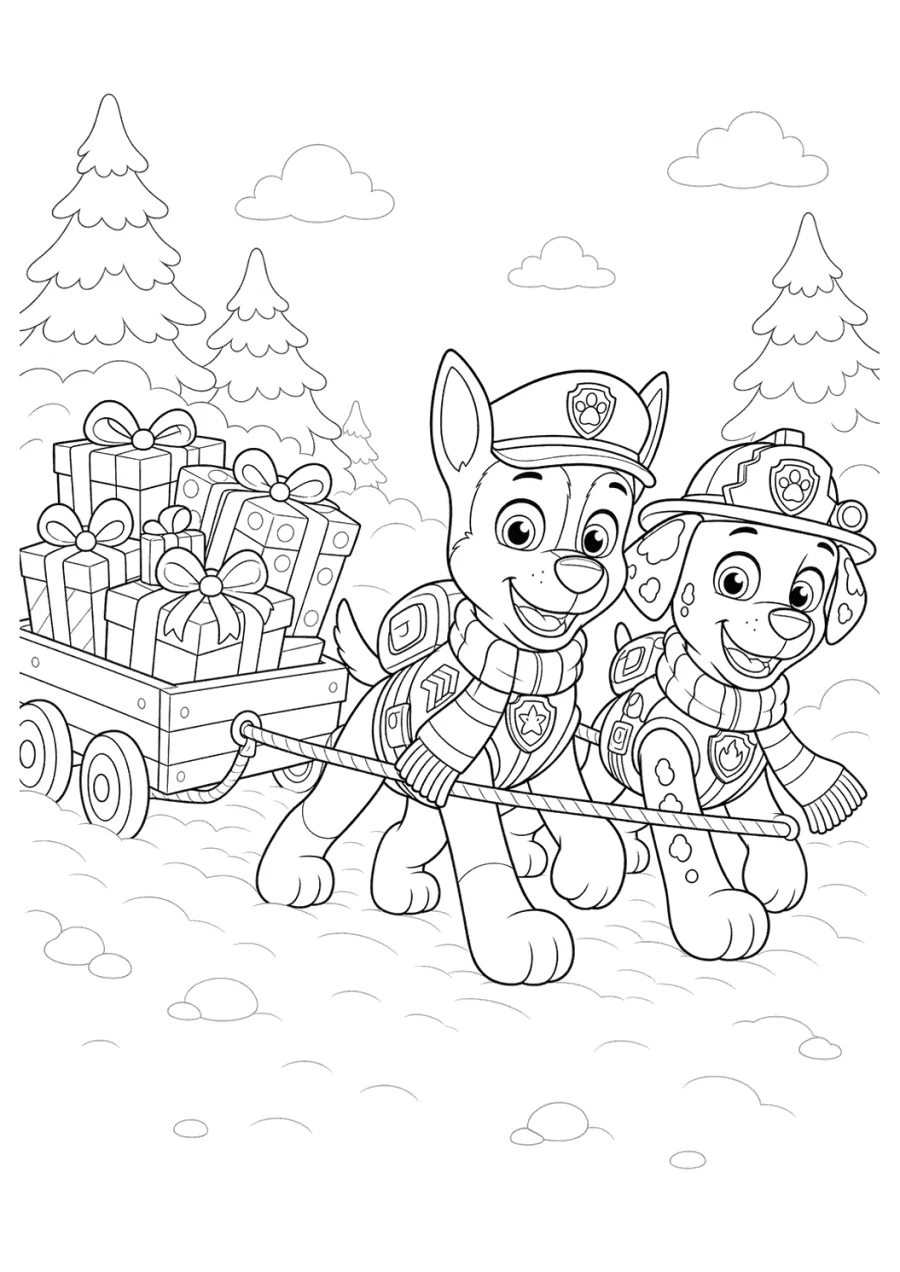 Paw Patrol Pulling a Gift Wagon Through Snow