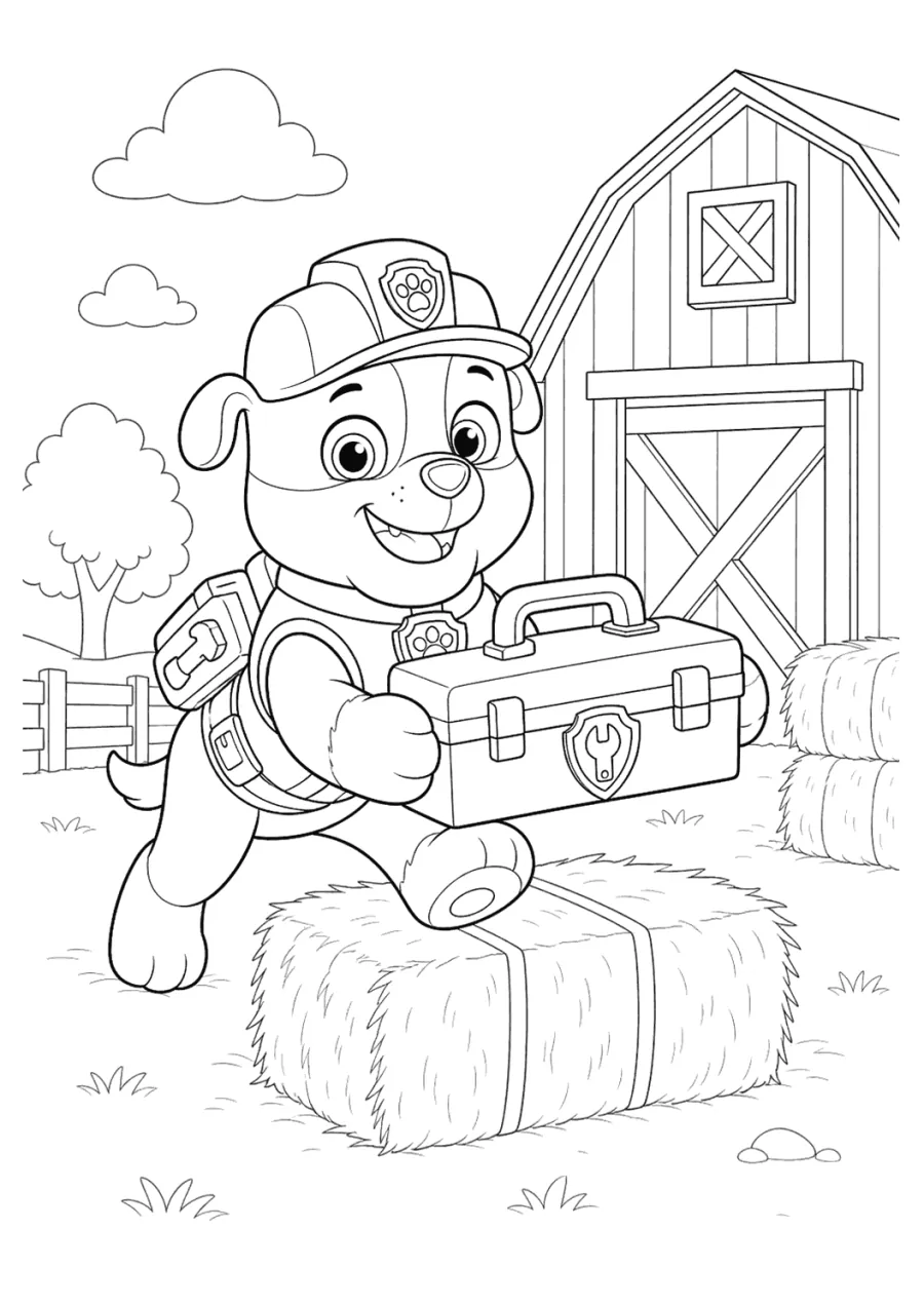 Paw Patrol Rubble Carrying Tools by a Barn