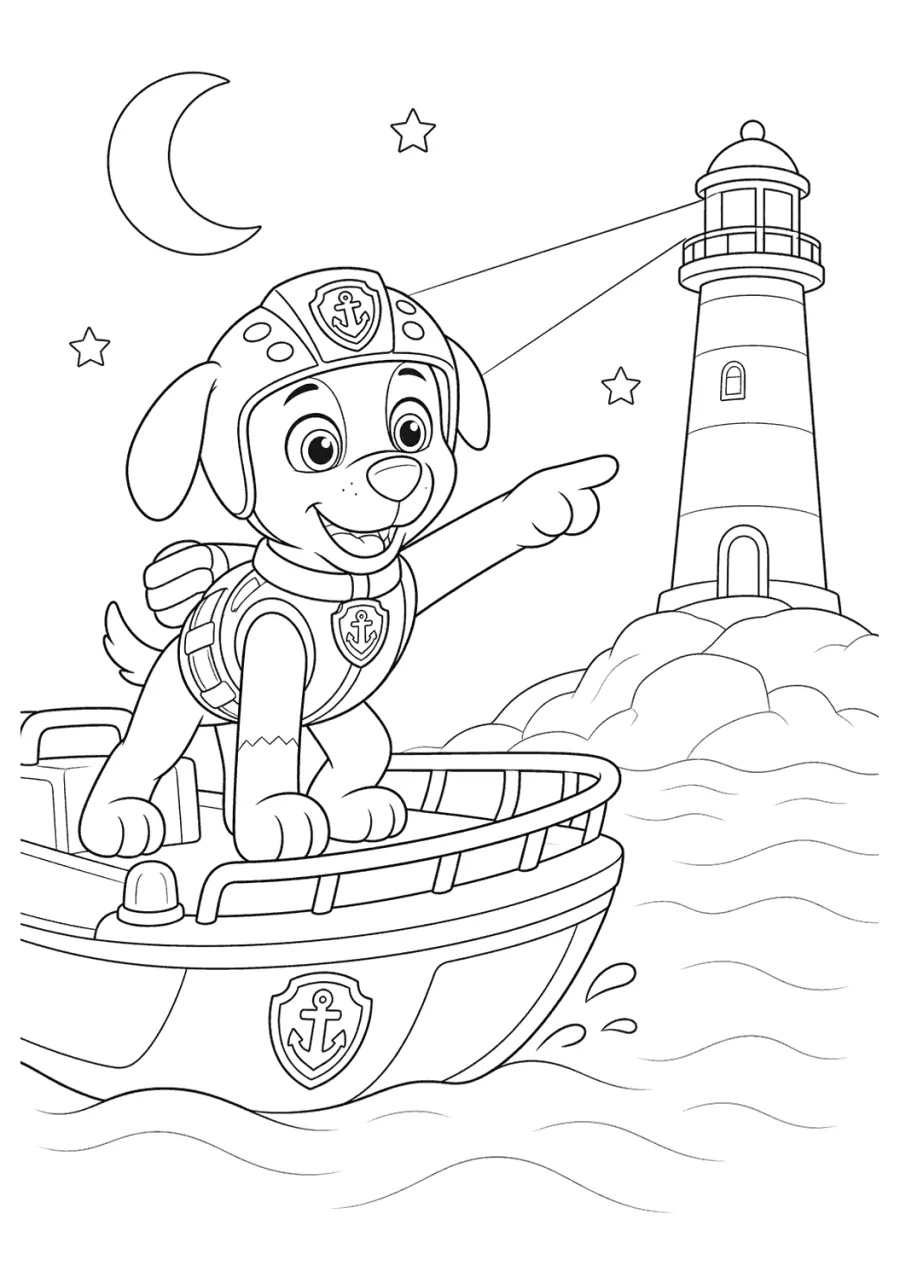 Paw Patrol Zuma Sailing by a Lighthouse at Night