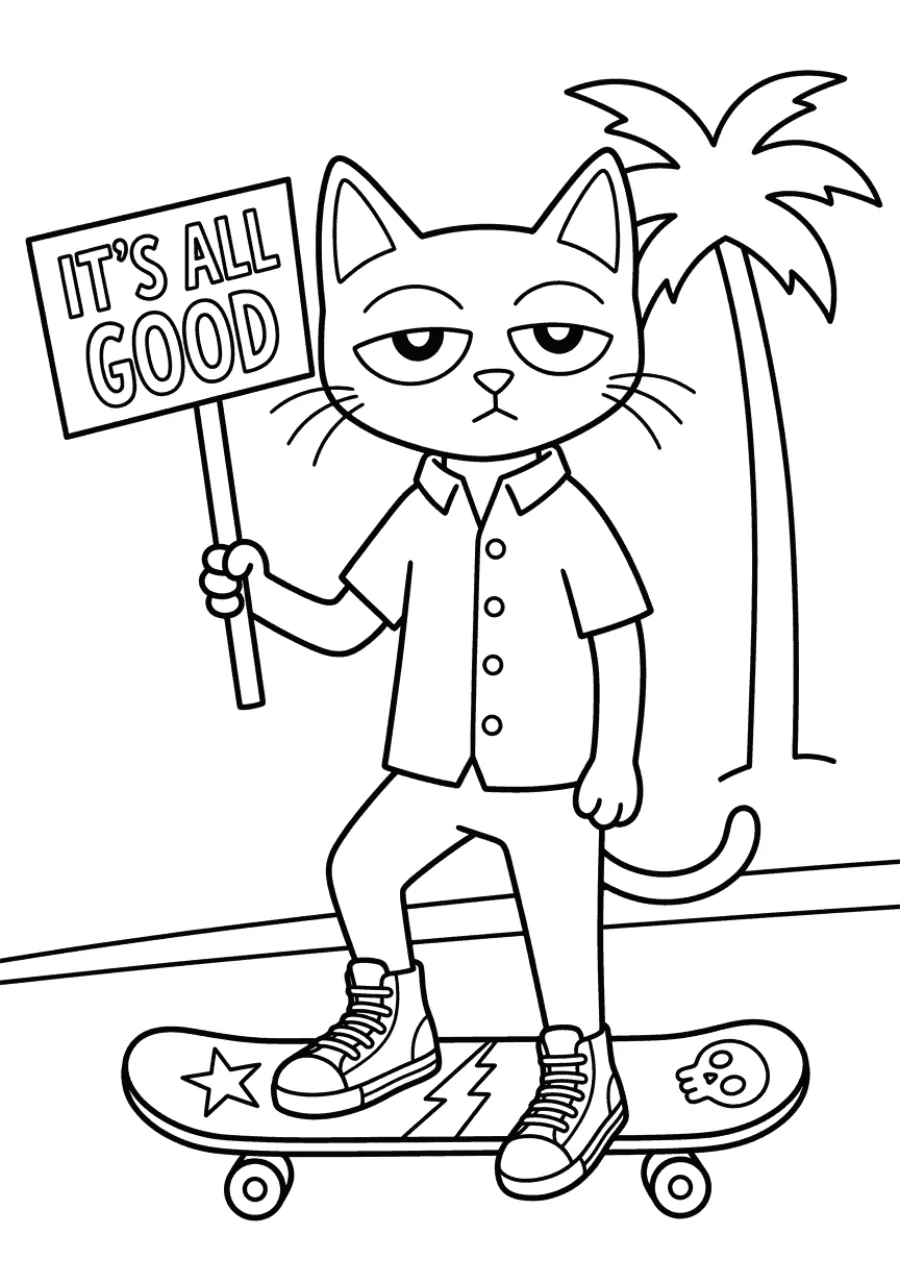 Pete the Cat on a Skateboard with Sign