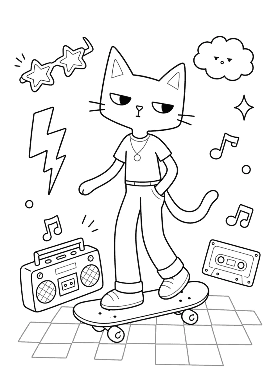 Pete the Cat Skateboarding with a Boombox
