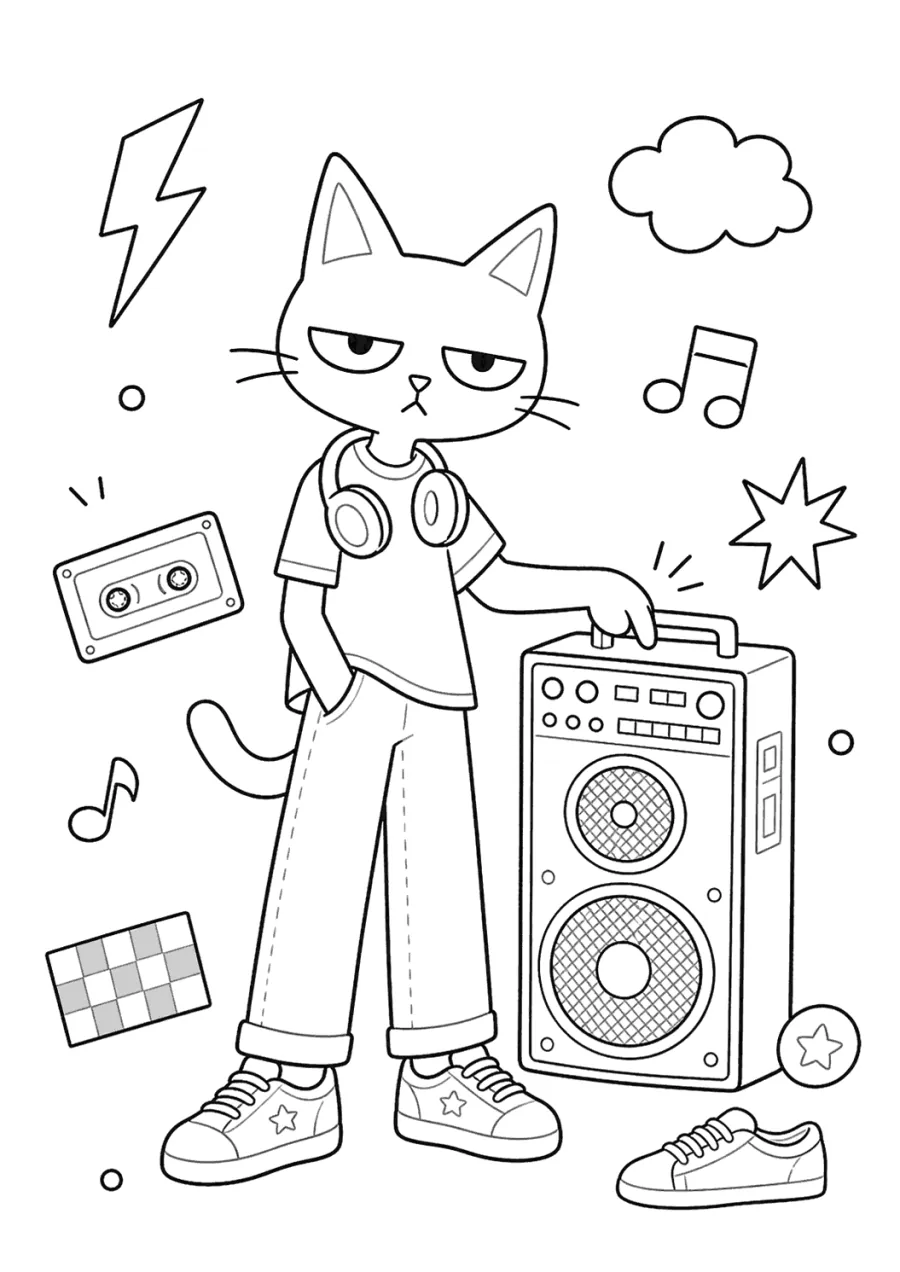 Pete the Cat Standing by Speakers with Headphones