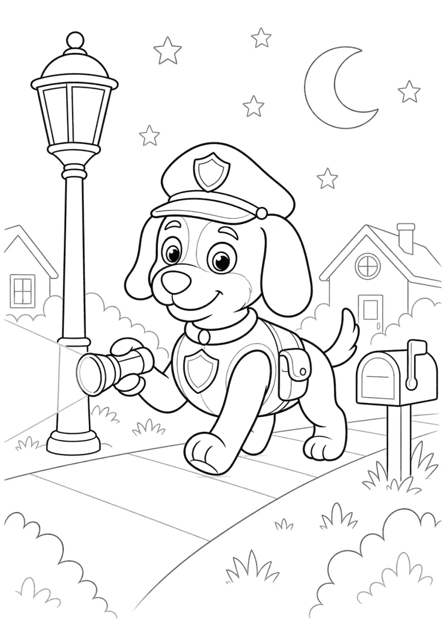 Police Dog Searching a Street with a Flashlight
