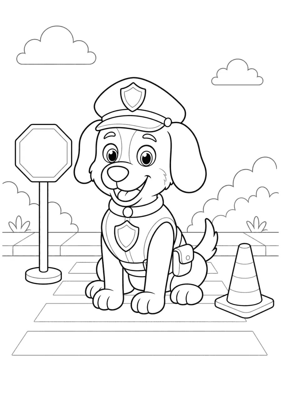 Police Dog Sitting by a Stop Sign