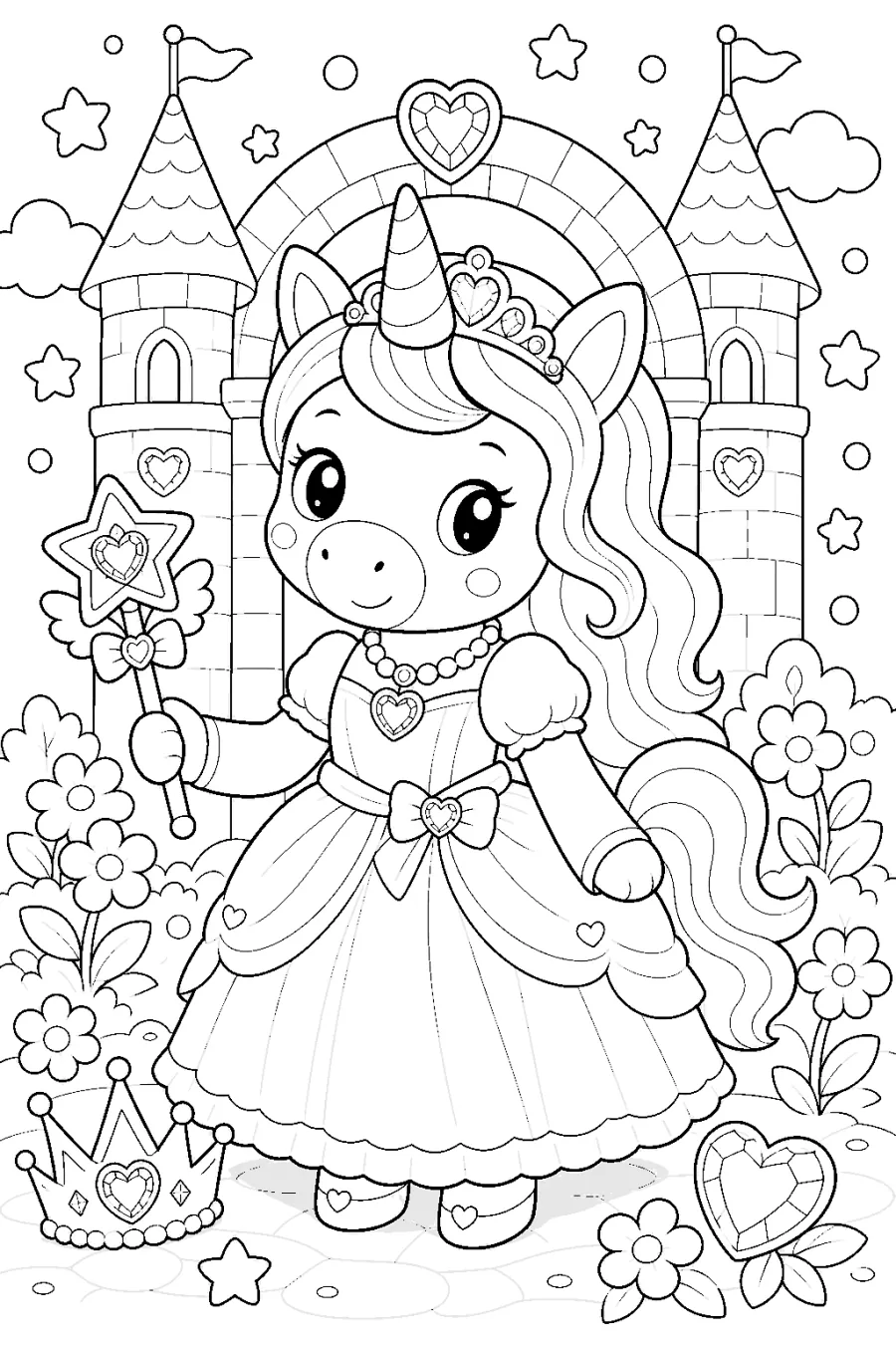 Princess Unicorn Holding a Star Wand by a Castle