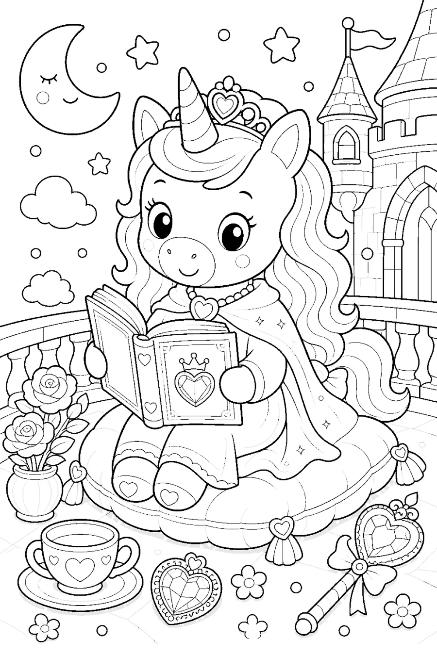 Princess Unicorn Reading on a Balcony