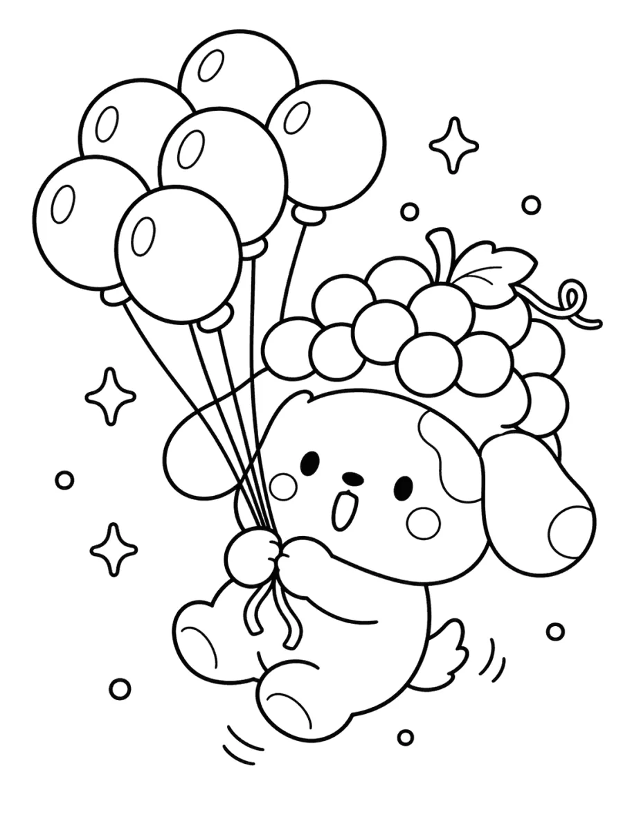 Puppy Holding Fruit Balloons