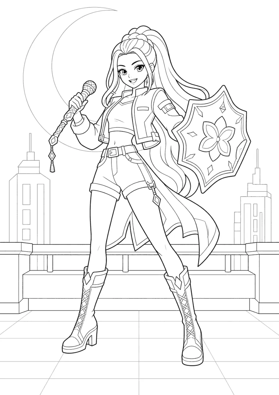 Rumi K-pop Demon Hunters with Charm Shield on Rooftop