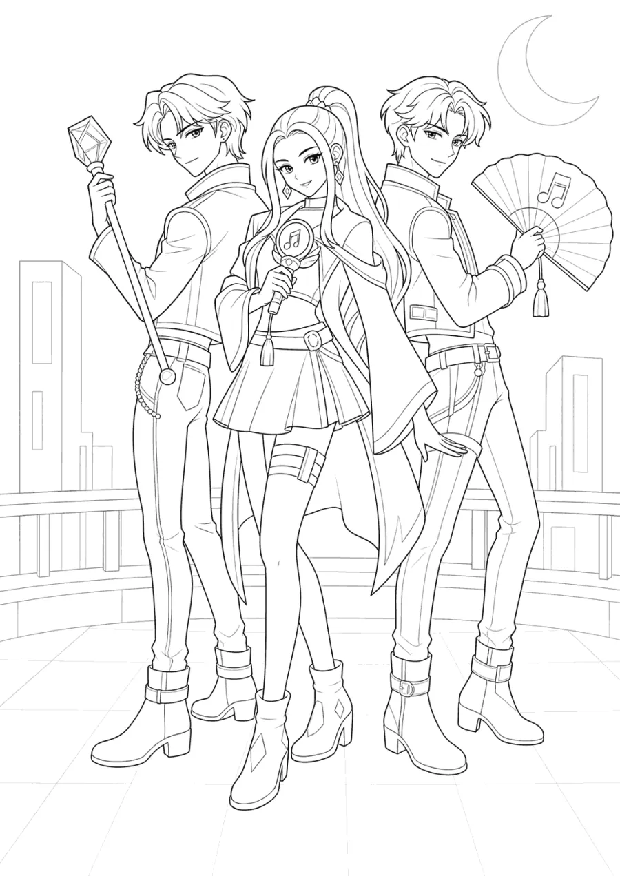 Saja Boys and Huntrix Rooftop Team Pose