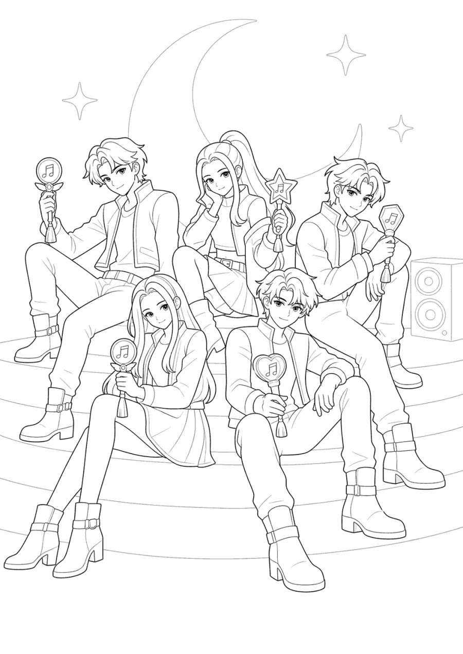 Saja Boys and Huntrix Sitting on Stage Steps