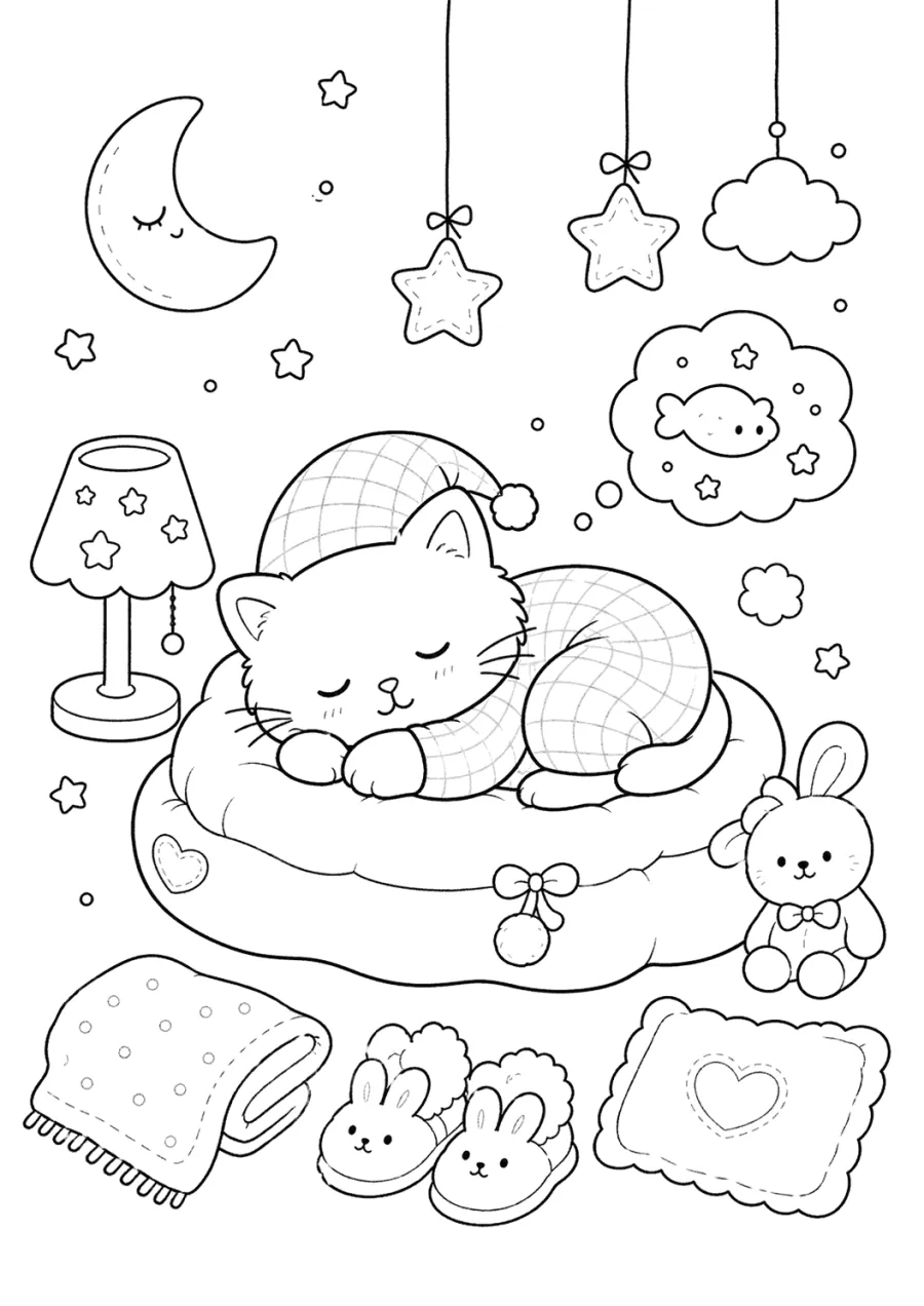 Sleeping Kitten on a Moon Pillow