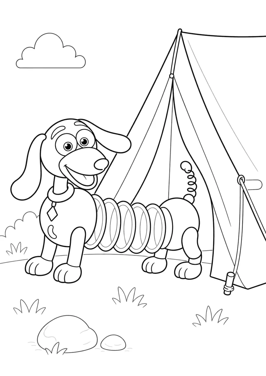 Slinky Dog Beside a Camping Tent
