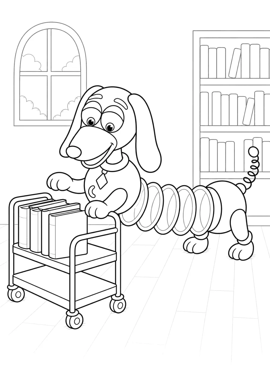 Slinky Dog Pushing a Library Book Cart