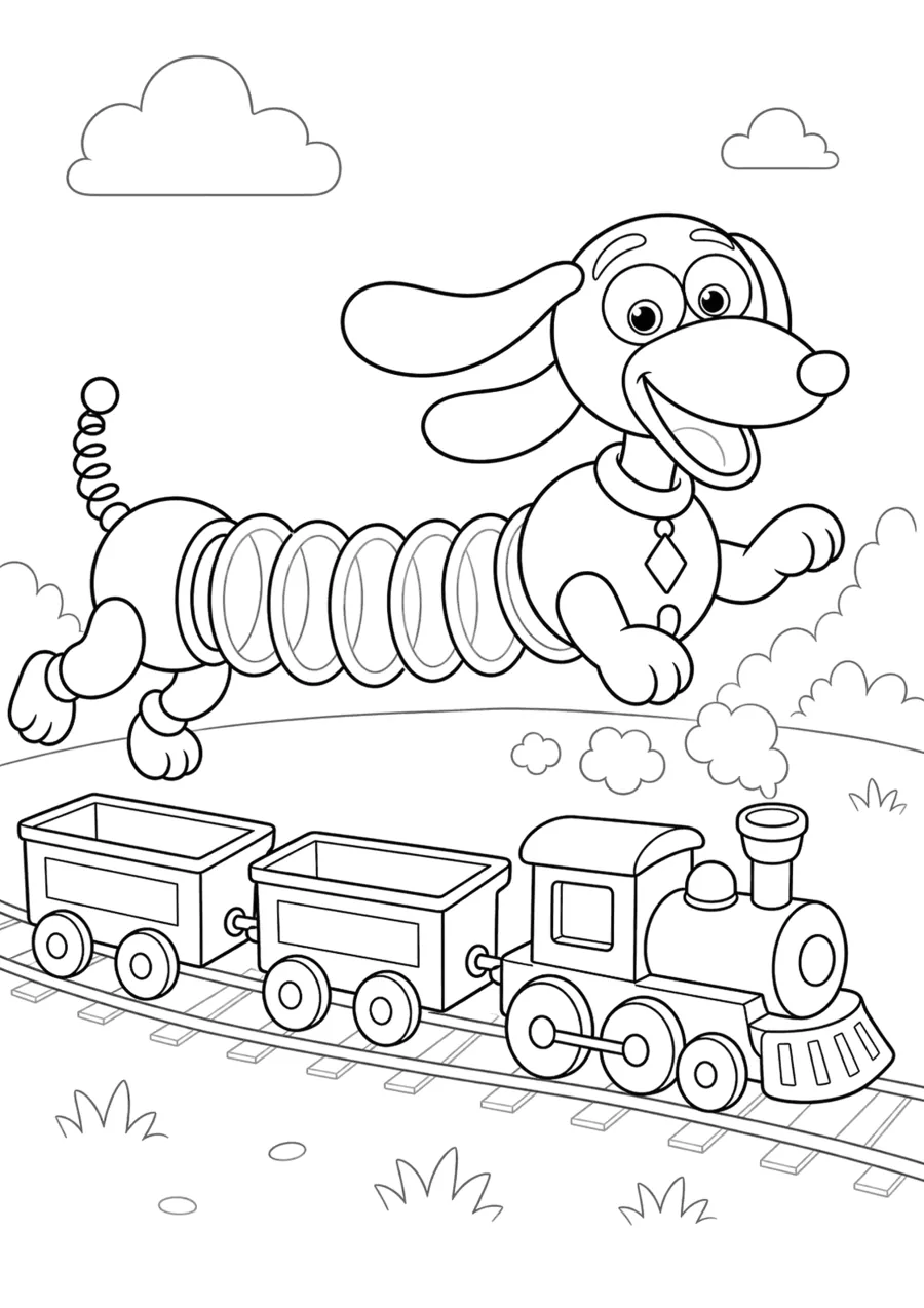 Slinky Dog Running Beside a Toy Train