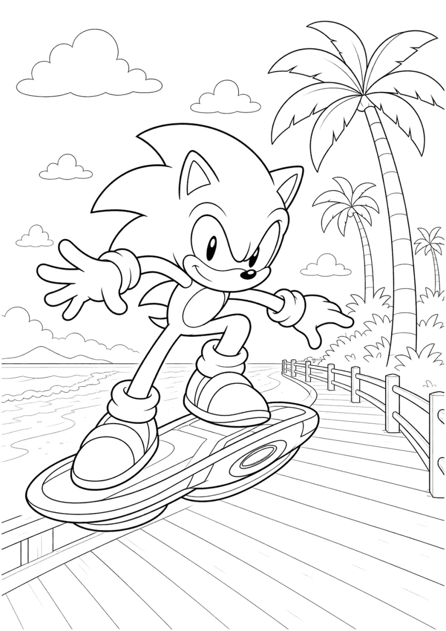 Sonic Riding a Hoverboard by the Beach