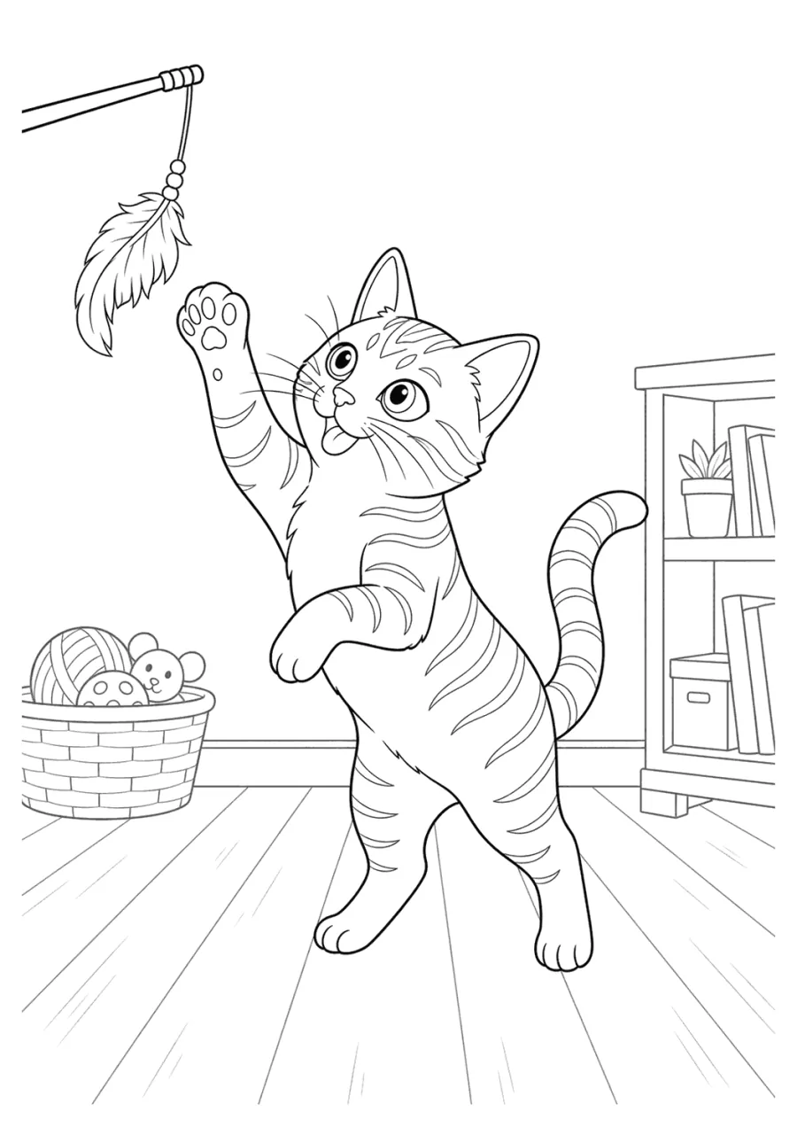 Tabby Cat Playing with a Feather Toy