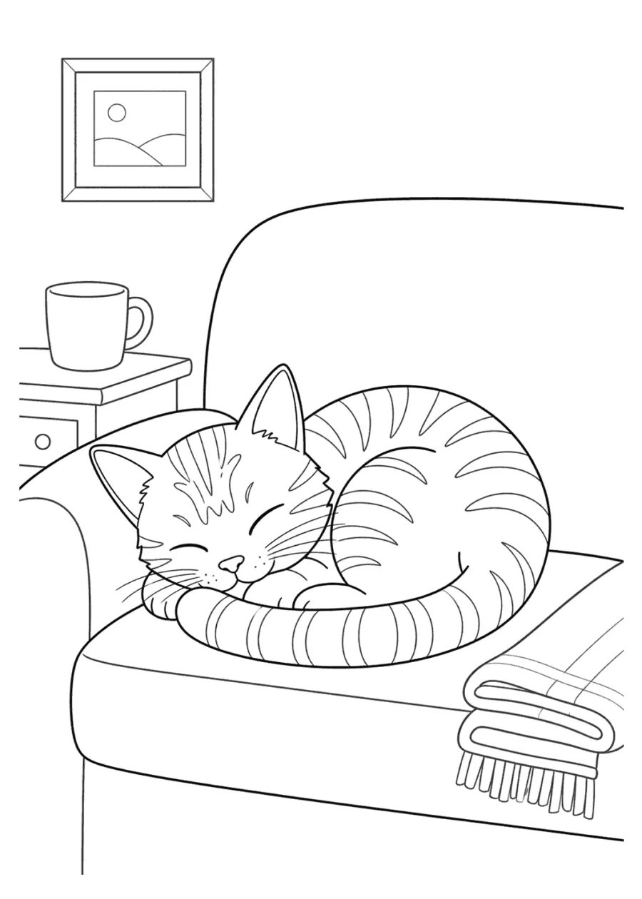 Tabby Cat Sleeping on a Sofa