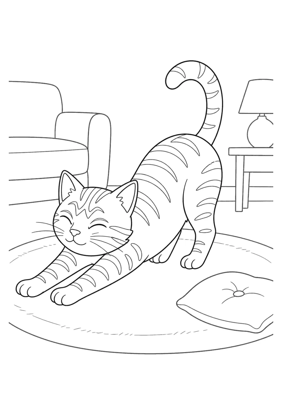 Tabby Cat Stretching on a Rug