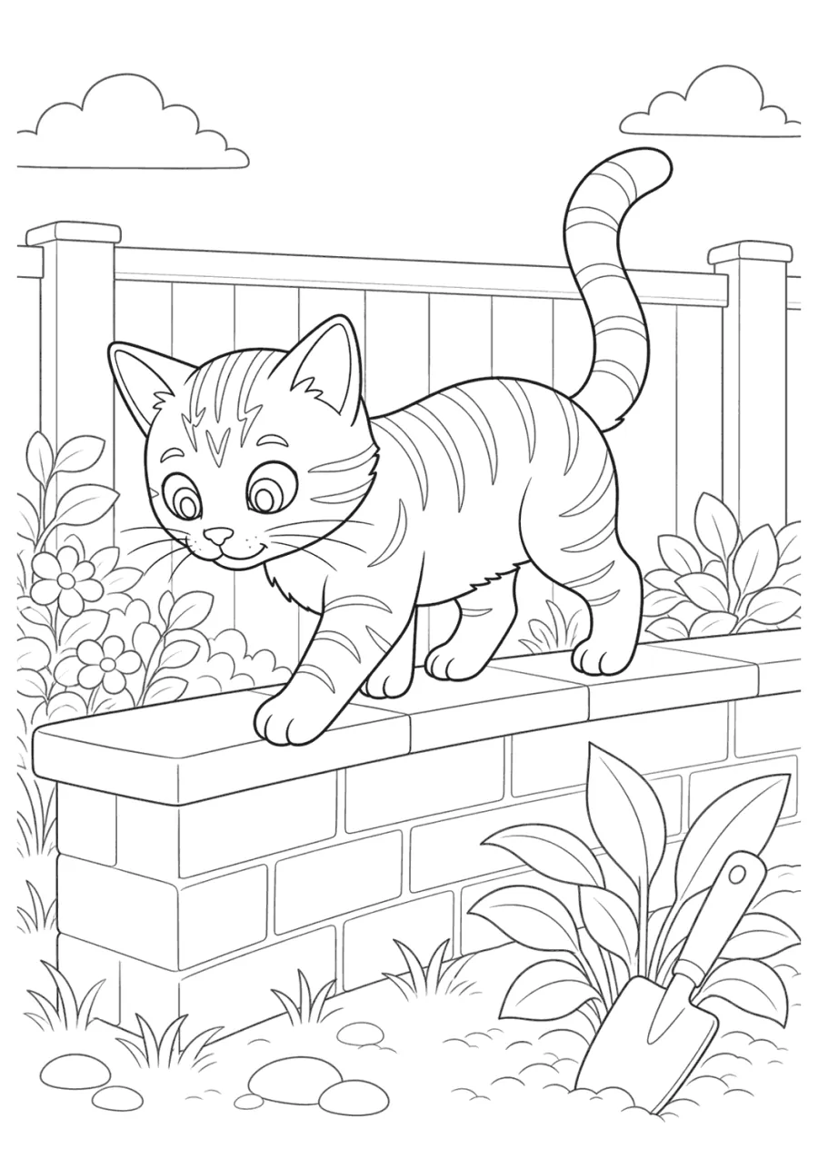 Tabby Cat Walking on a Brick Wall