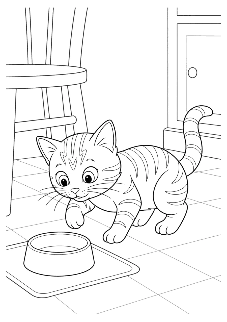 Tabby Cat Walking to a Food Bowl
