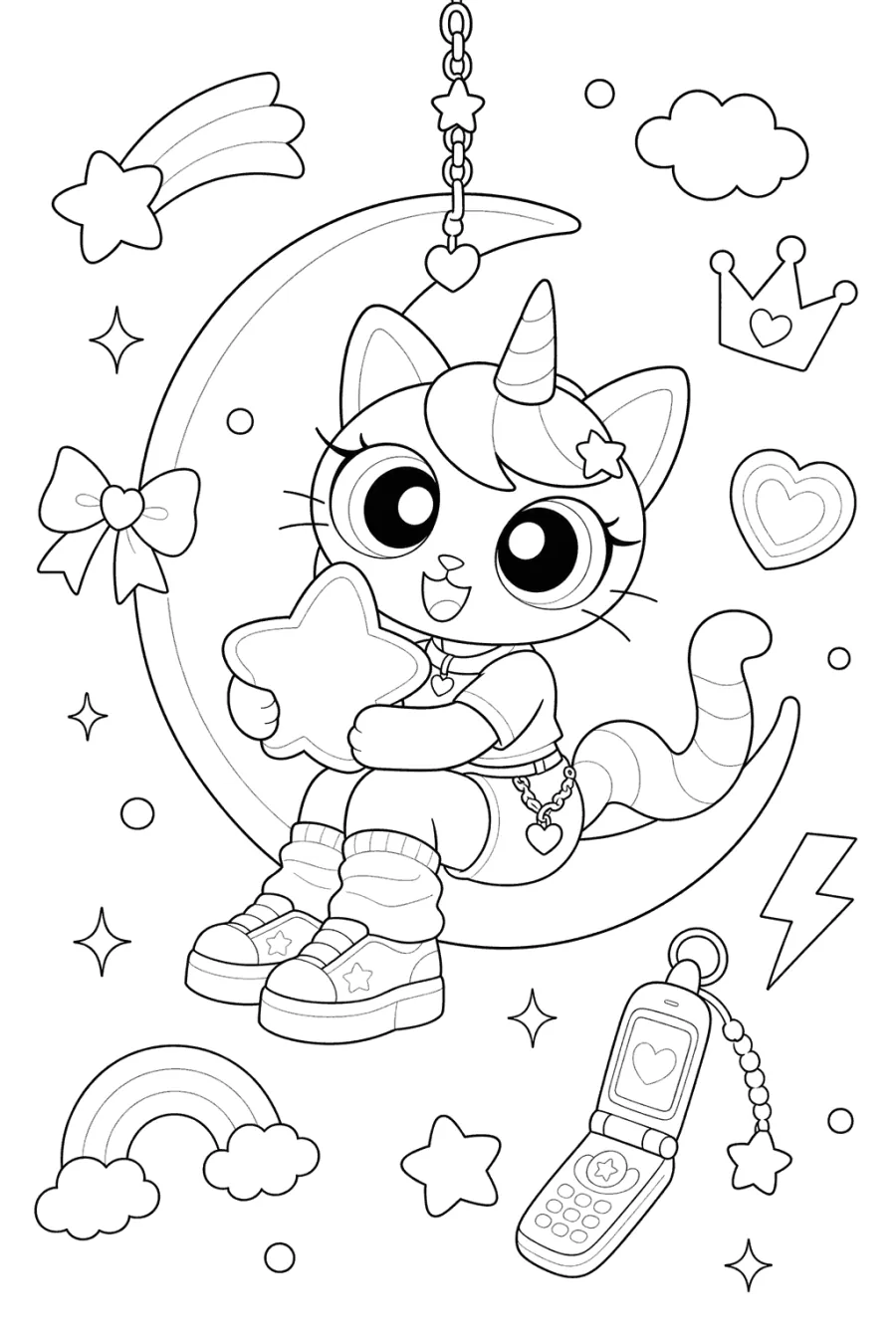 Unicorn Cat on a Crescent Moon Swing
